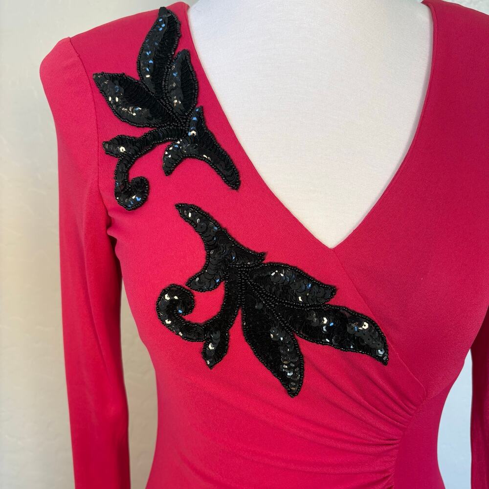 Vintage AYRES by Eysen Pink & Black Beaded Faux Wrap Dress 70s Disco Cocktail M - Picture 2 of 15